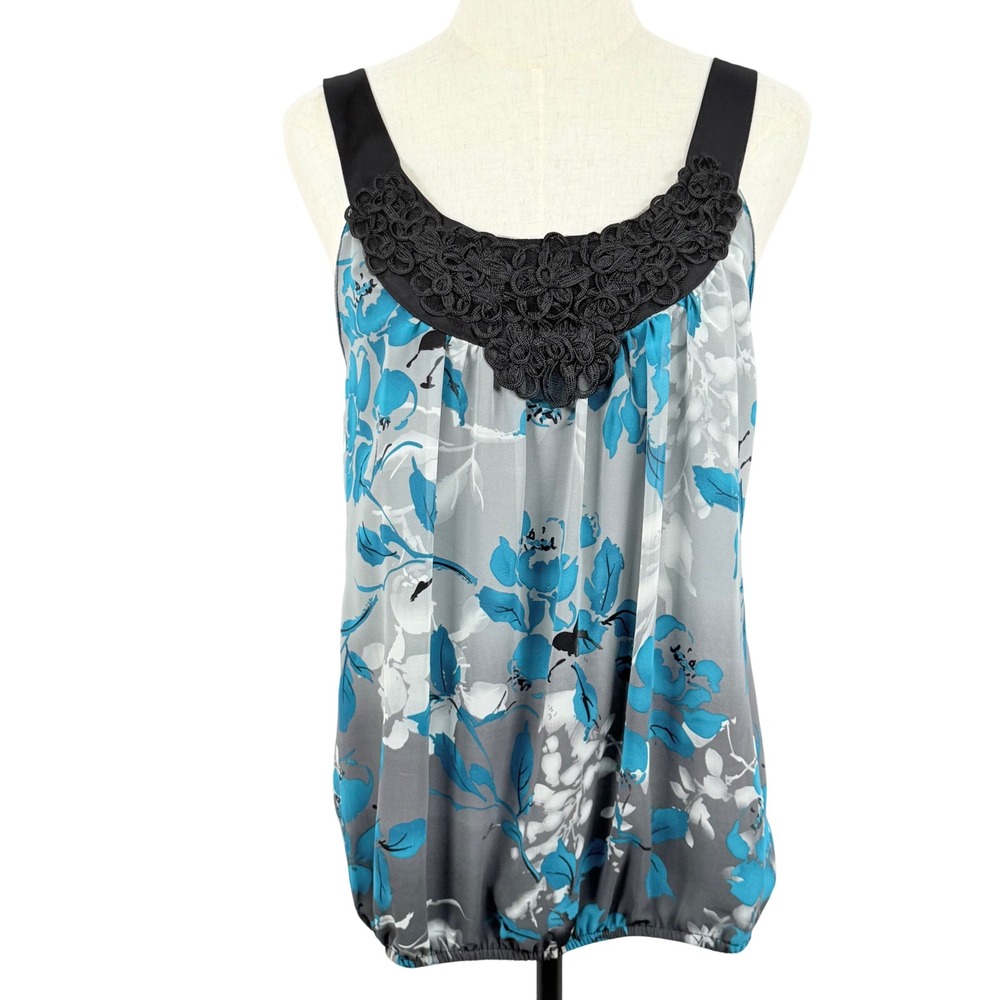 Women M Tank Top‎ Blue Floral Crochet Trim Bubble Hem Boho Summer Blouse